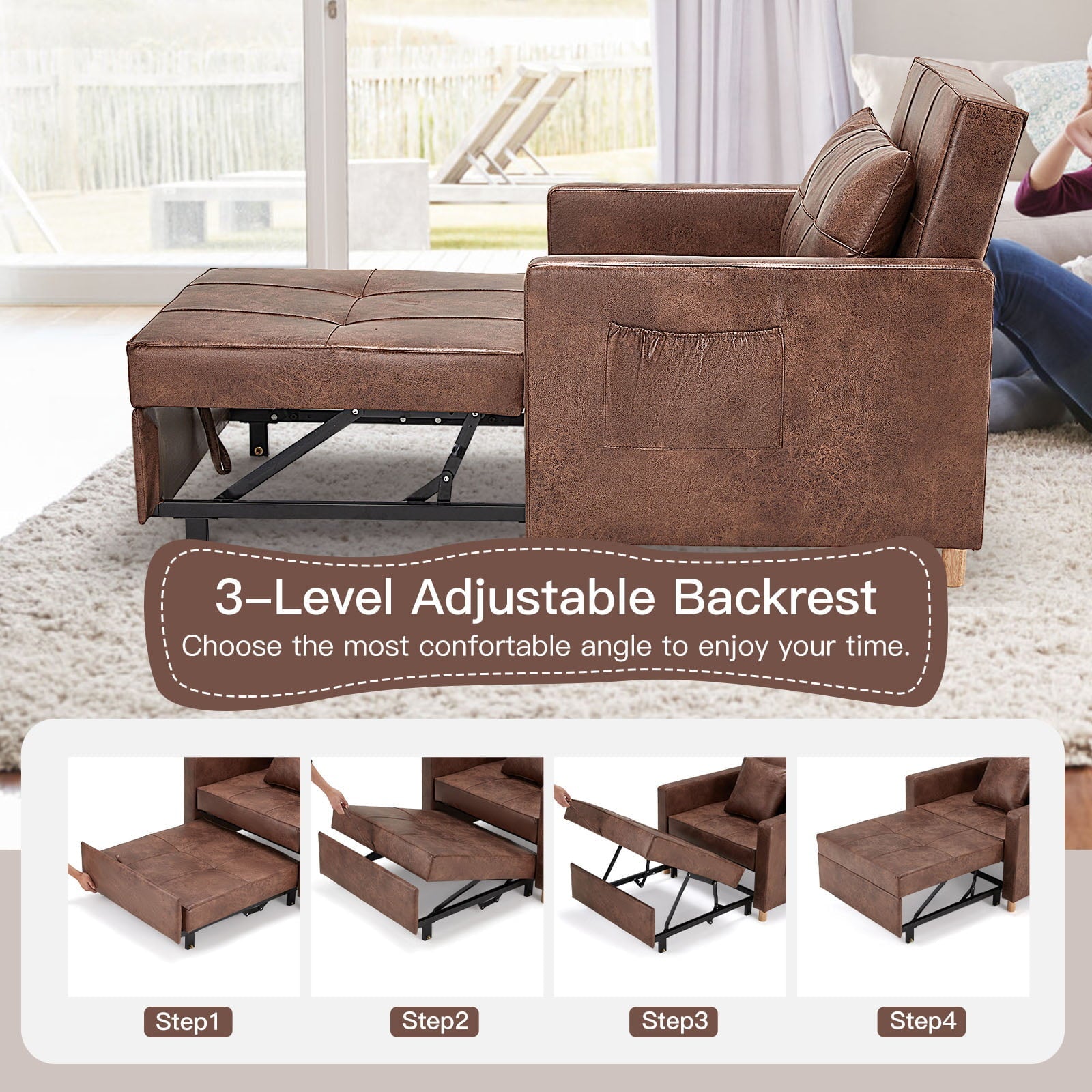 YODOLLA 3-in-1 Sofa Bed Chair, Convertible Sleeper Chair Bed-Saddle Brown