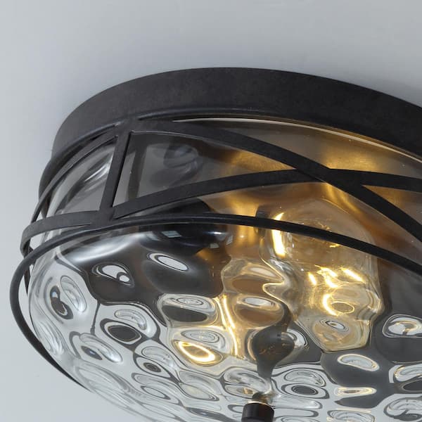 11.4 in. 2-Light Farmhouse Flush Mount Ceiling Light Fixture with Water Ripple Glass Shade