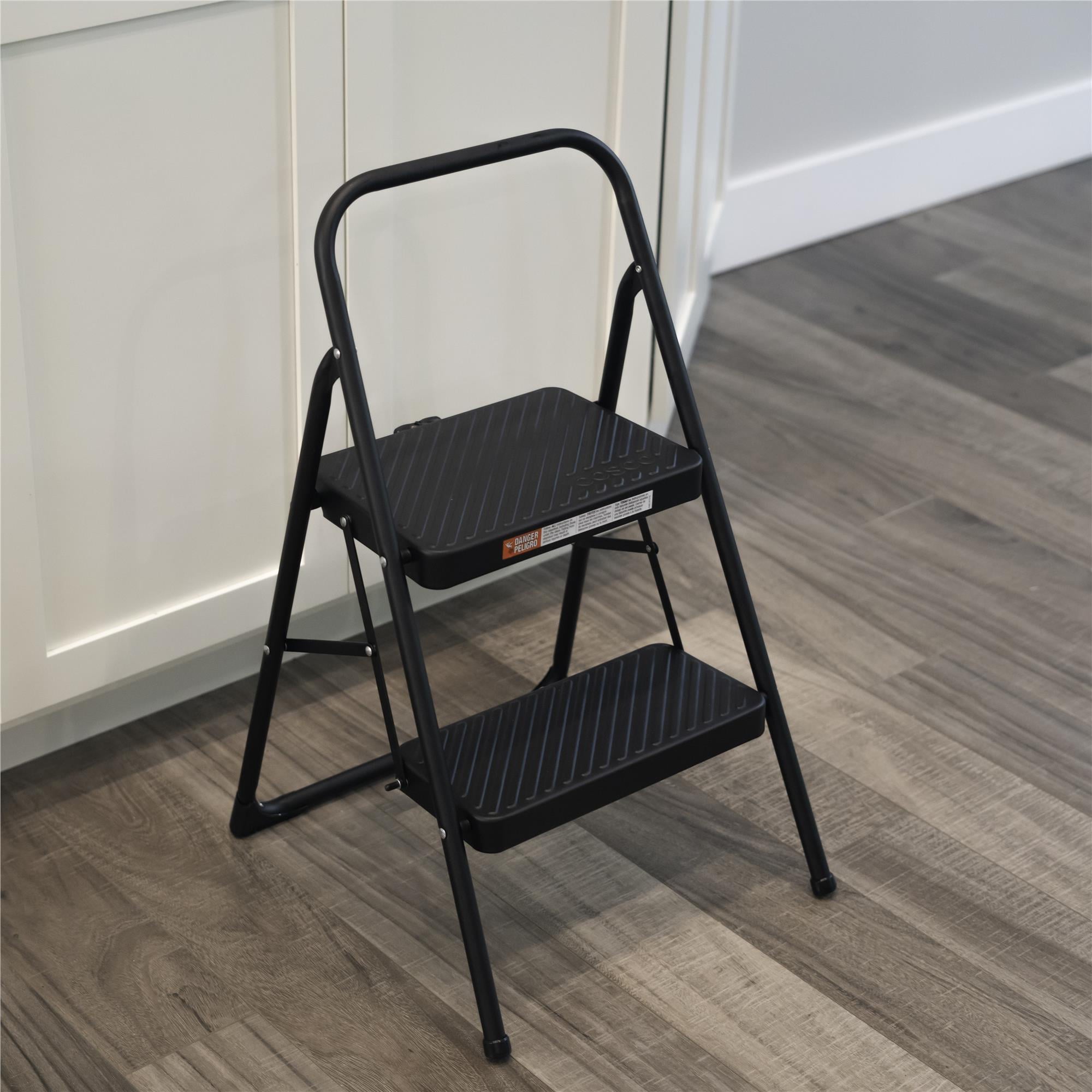 COSCO 2-Step Household Folding Steel Step Stool, All Black, 7ft 11in Reach Height