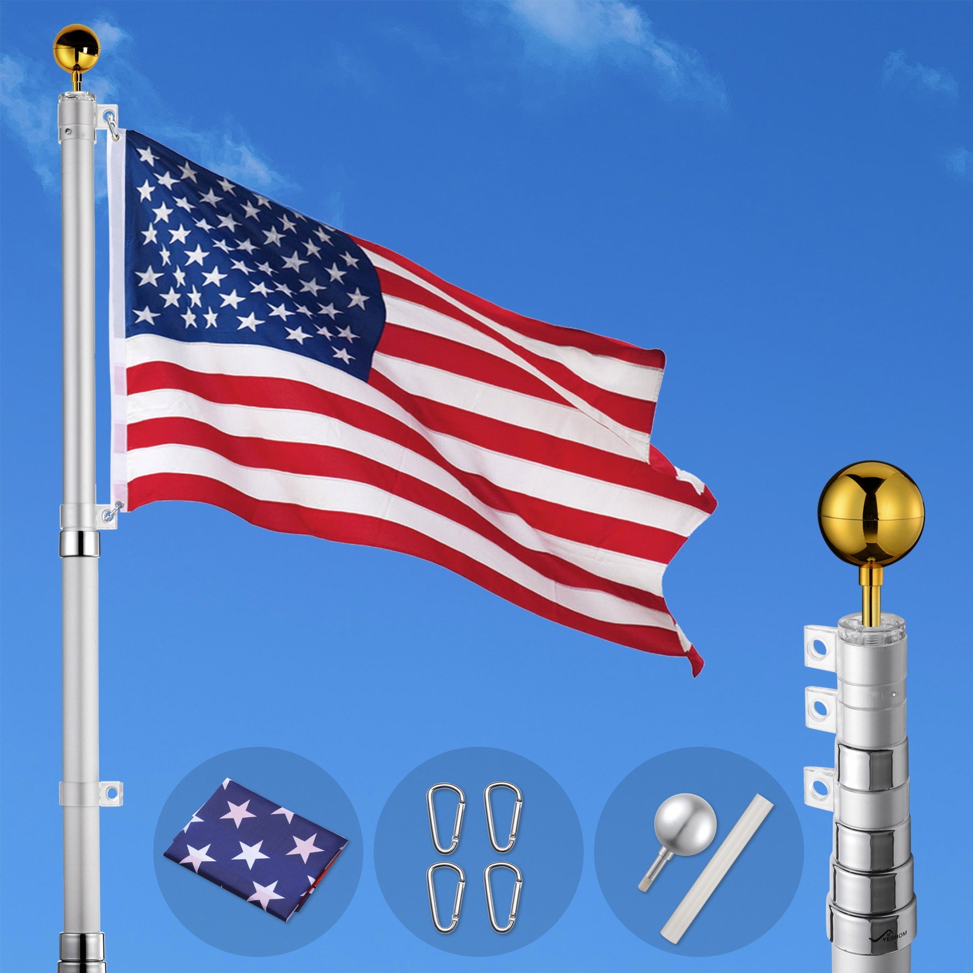 Yescom 20 Ft Telescopic Aluminum Flag Pole Free 3'x5' US Flag & Ball Top Kit 16 Gauge Telescoping Flagpole Fly 2 Flags