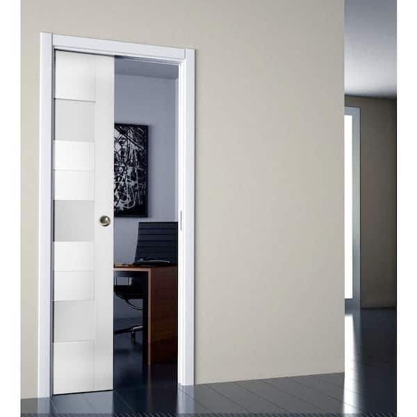 32 in. x 80 in. 3-Panel No Bore Solid MDF Core 3-Lites Frosted Glass White Pine MDF Interior Door Slab
