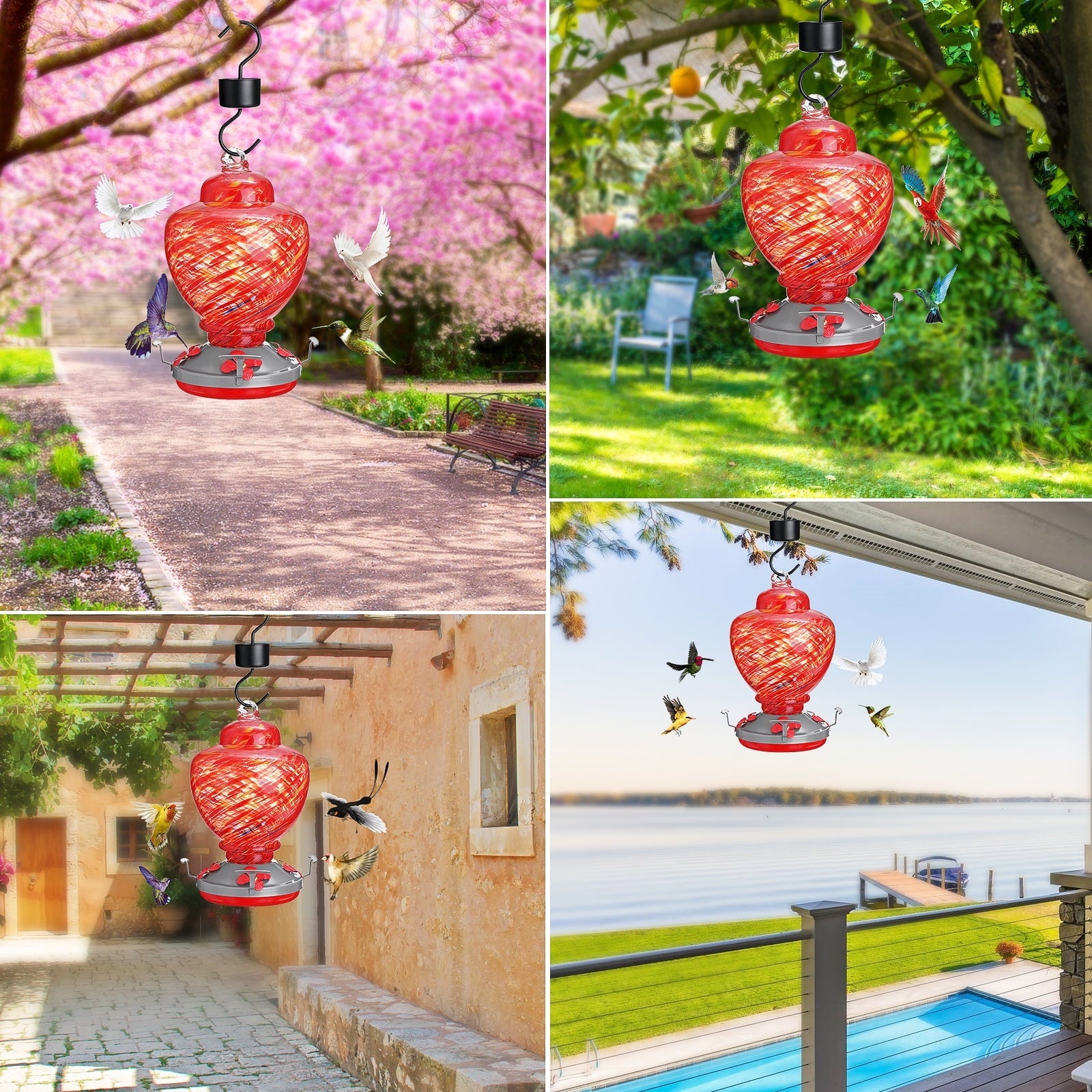 Red Glass Hummingbird Feeder Ant Proof Hook Stained Glass Feeder for Outdoors Patio with 2 Rubber Rings,4 Feeder Holes