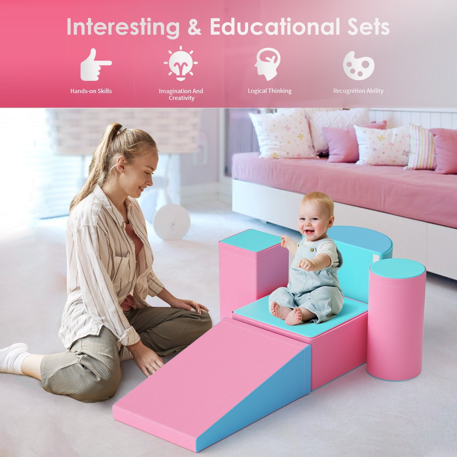 Climb and Crawl Activity Play Set, Soft Foam Climber 5-Piece Sets Crawl and Climb Foam, Toddler Climbing Toys Indoor with Slide Stairs and Ramp Indoor Climbing Toys for Kids and Child(Light Blue&Pink)