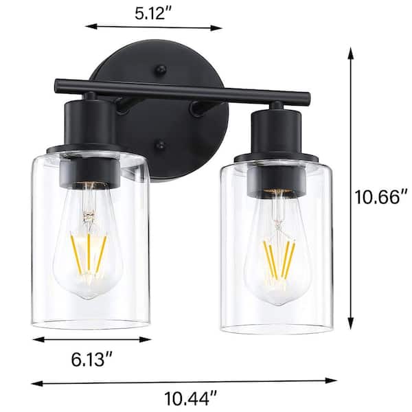 10.44 in. 2-Light Matte Black Bathroom Vanity Light with Clear Glass Shades