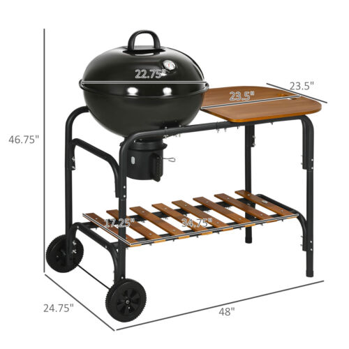 Outsunny Charcoal BBQ Grill on Wheels 21" Barbecue Smoker W/ Table Shelf