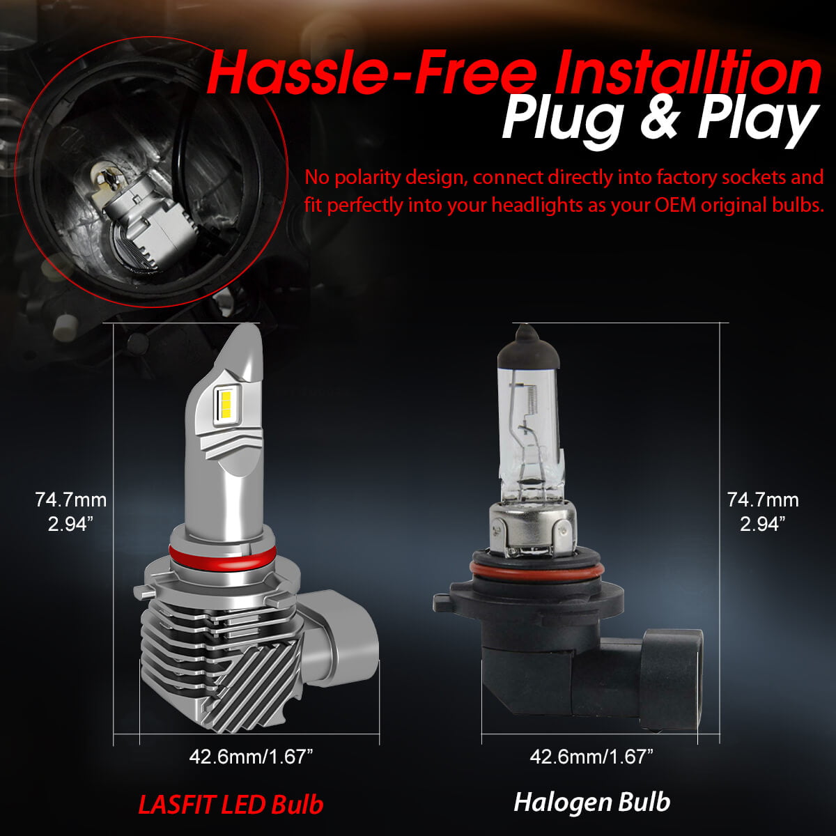 Lasfit 9006 LED Headlight Bulbs HB4 Low Beam Fanless LED Car Bulbs 40W 4000LM 6000K | 2 Bulbs