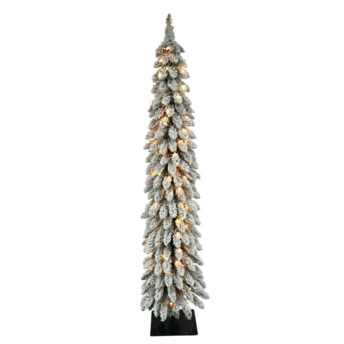 PULEO Pre-Lit 5' Flocked Pencil Alpine Artificial Christmas Tree NIB