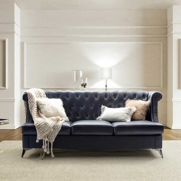 Rebeca 81.5 in. Wide Rolled Arm Genuine Leather Rectangle Nailhead Trims Sofa in. Navy