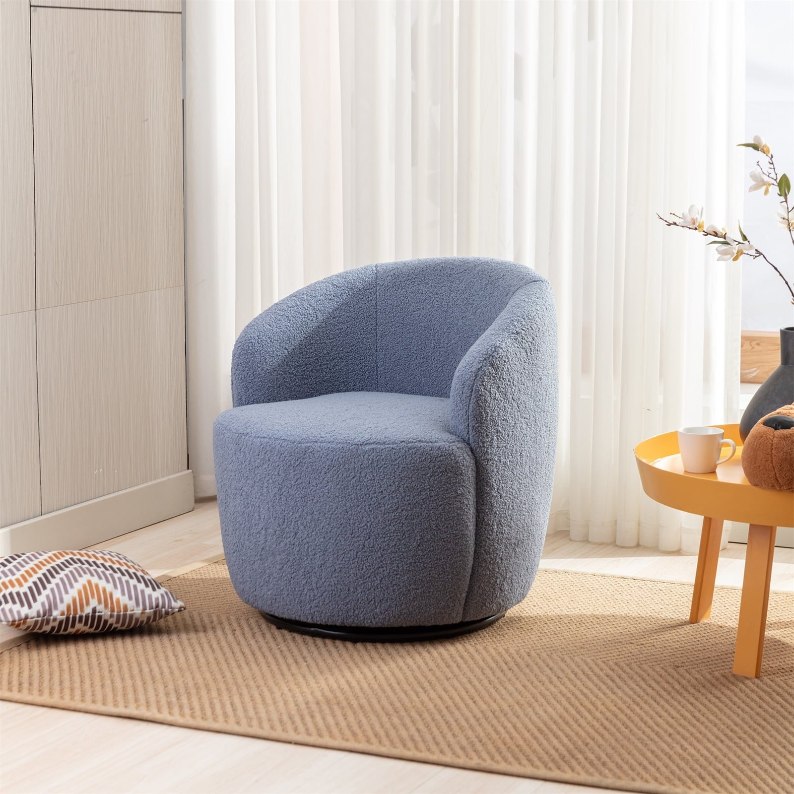 Swivel Barrel Chair, Modern Teddy Fabric Swivel Accent Barrel Chair Armchair, Upholstered Cozy Club Chairs Sofa Arm Chair for Nursery, Bedroom, Office, Hotel, Dark Blue