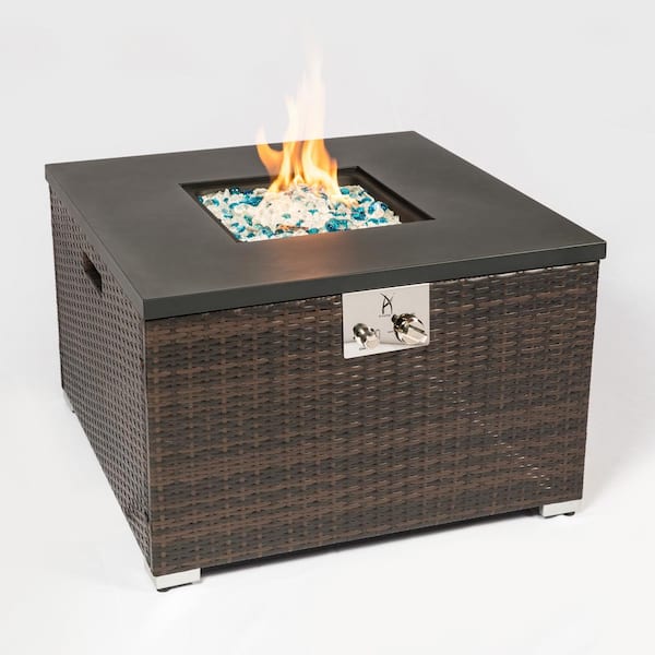 Square Wicker Outdoor Fire Pit Table with Glass Rocks