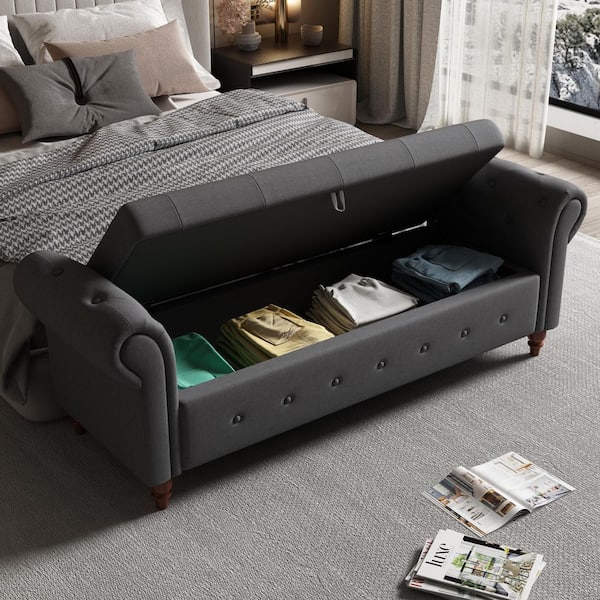 Dark Gray Tufted Armed Storage Bedroom Bench 24.4 in. H x 63 in. W x 22 in. D