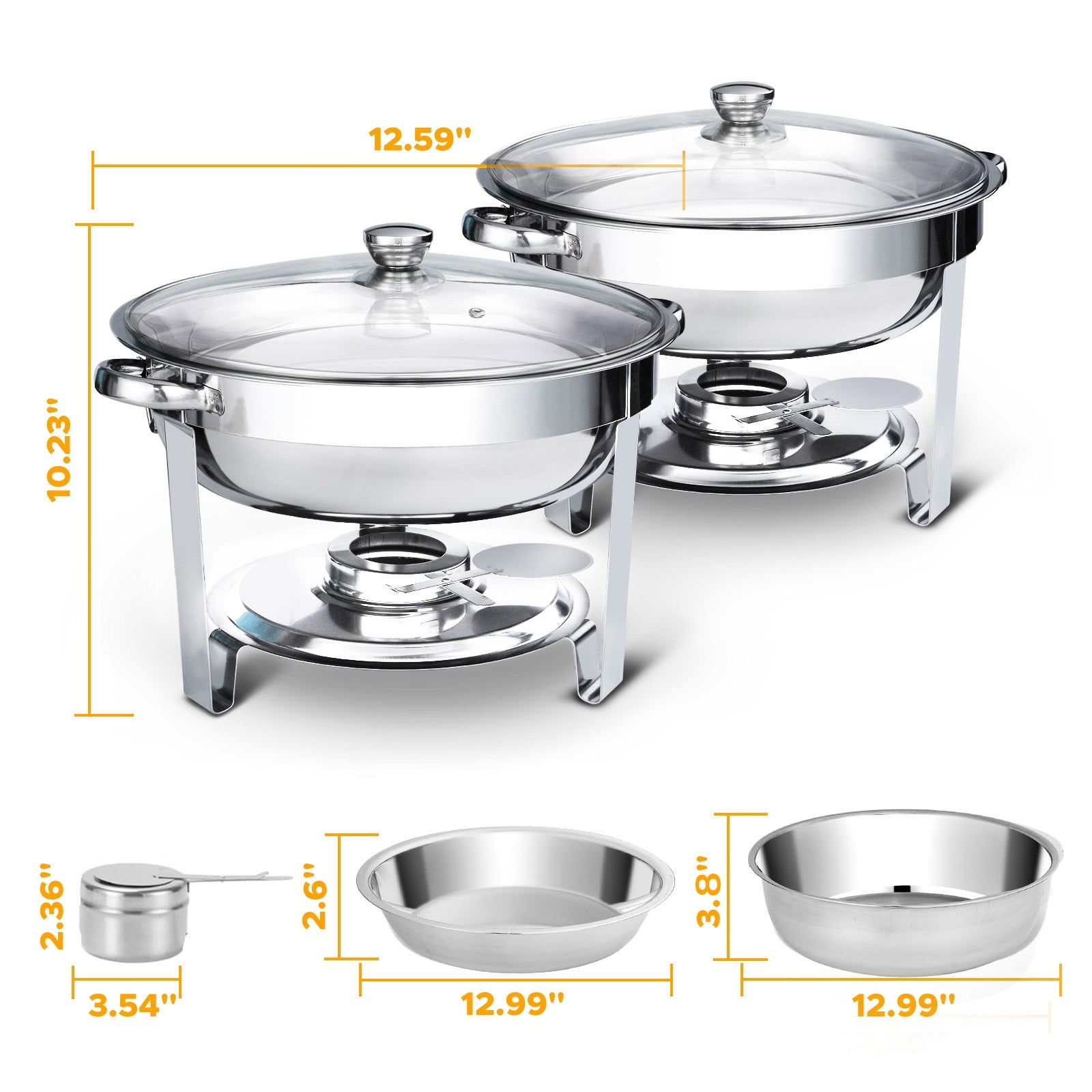 Warmounts Chafing Dish Buffet Set, 2 Pack 5-Quart Round Buffet Chafe Warmer Set, 410 Stainless Steel Chafing Dish Buffet Food Warmer with Glass Lid & Holder for Party Home Garden Wedding Events
