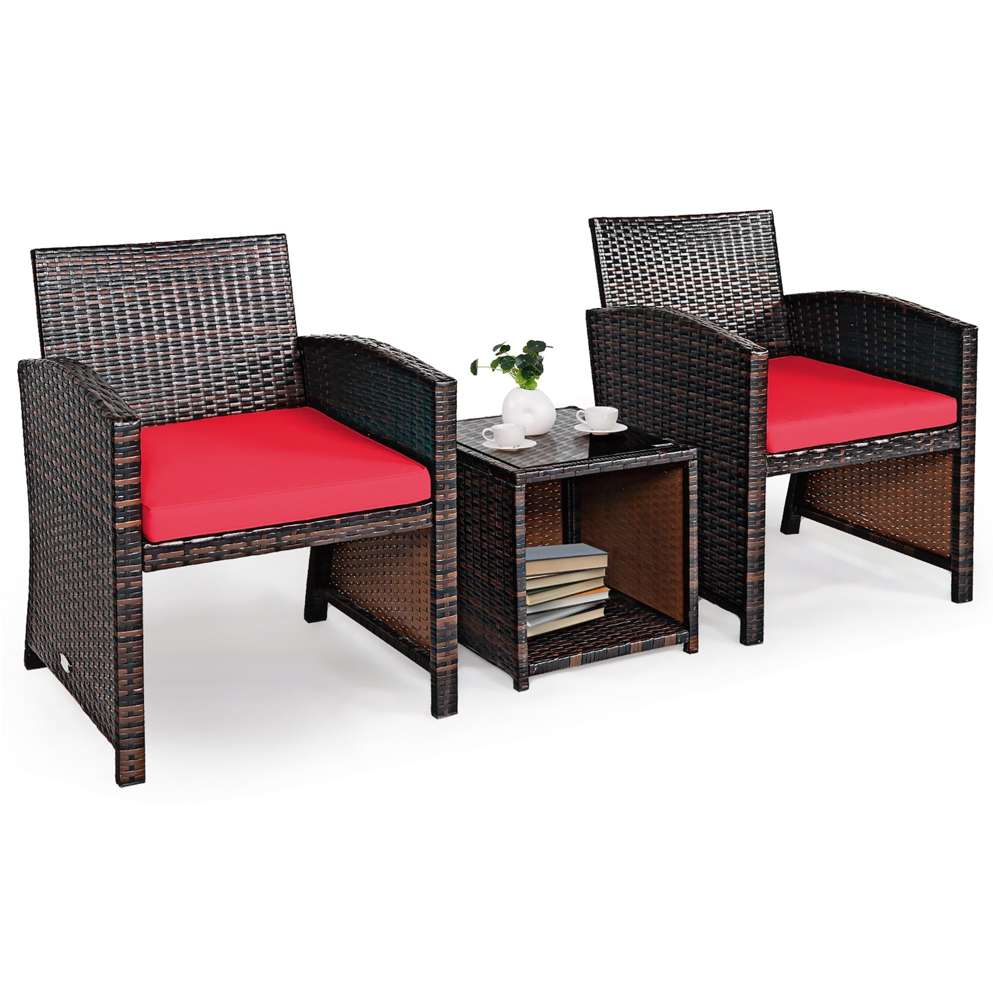 Costway 3PCS Patio Rattan Wicker Furniture Cushion Sofa Coffee Table Red