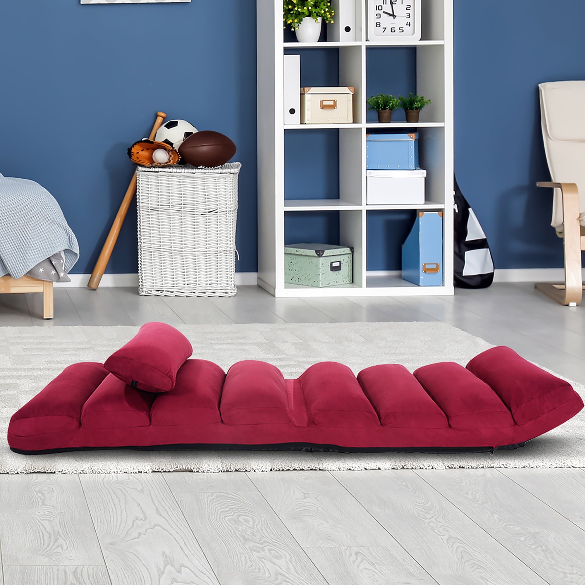 Costway Folding Lazy Sofa Chair Stylish Sofa Couch Bed Lounge Chair W/Pillow Burgundy