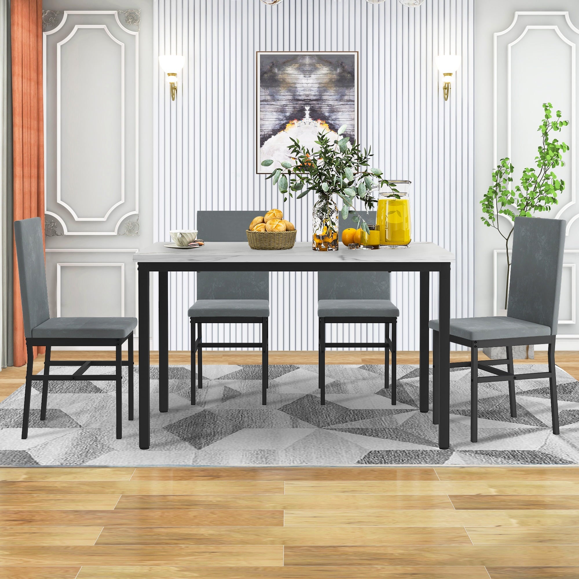 Paproos Dining Table Set for 4, Modern 5-Piece Kitchen Table Set with Marble Top and Velvet Upholstery Chairs, Heavy Duty Dinette Sets for Breakfast Nook, Dining Room Table and Chairs, Gray