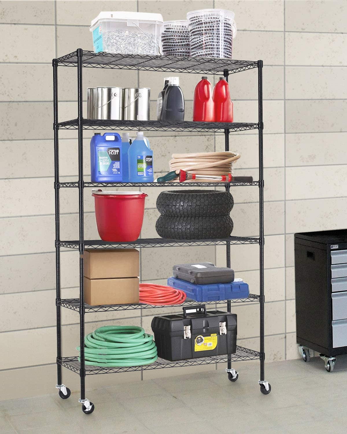 FDW 18x48x82 inch wire shelving unit with wheeled steel 6-layer heavy-duty shelf storage metal shelf adjustable and practical 2100 pounds capacity, Black