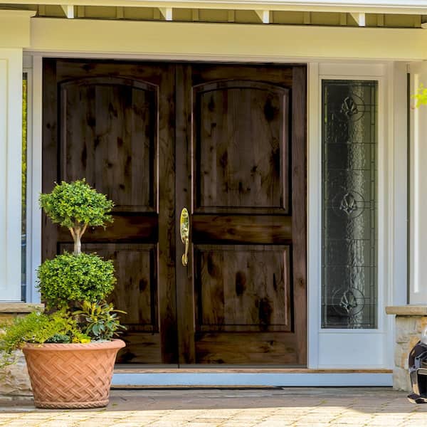 72 in. x 80 in. Rustic Knotty Alder 2-Panel Top Rail Arch Unfinished Right-Hand Inswing Wood Double Prehung Front Door