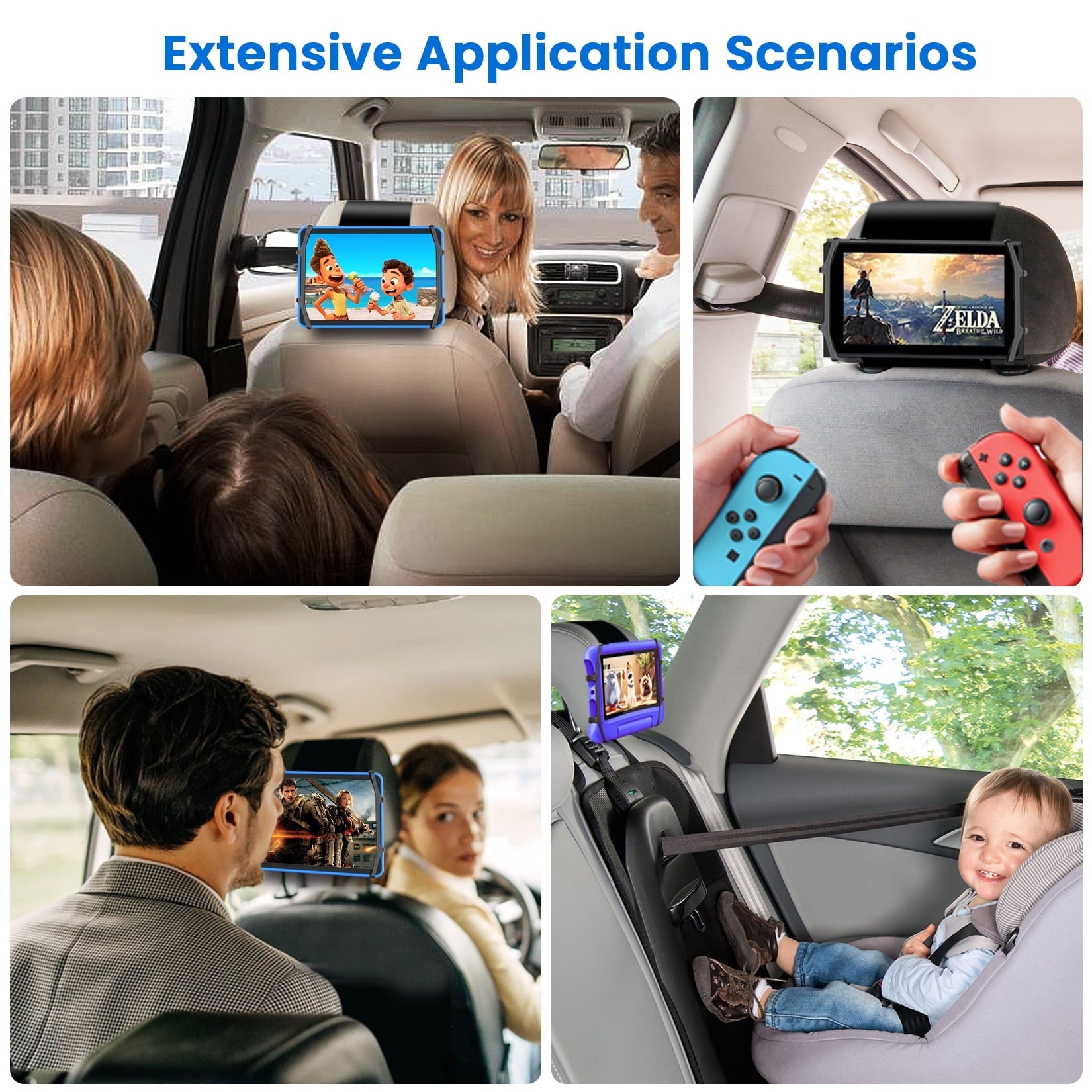 NUSICAN Car Headrest Mount Holder, Universal Back Seat Headrest Tablet Holder, Silicone Holder for Kids Tablet Stand, Anti Slip & Angle-Adjustable Holder Fits for 7-12.9'' Tablets iPad Pro Air