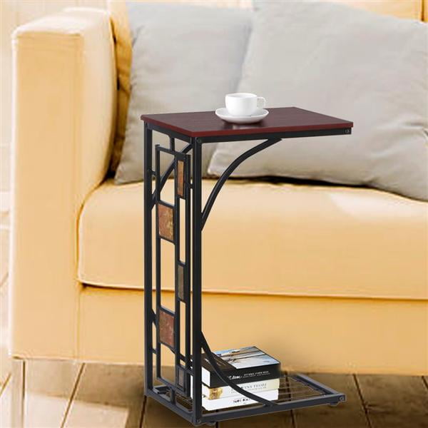 Easyfashion Traditional C Shaped Wood and Metal End Table, Brown/Black