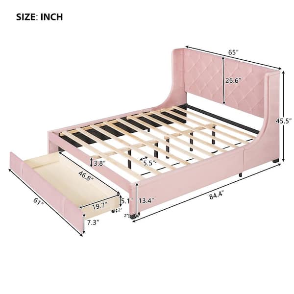 Pink Wood Frame Queen Storage Bed Velvet Upholstered Platform Bed with Wingback Headboard and Drawer