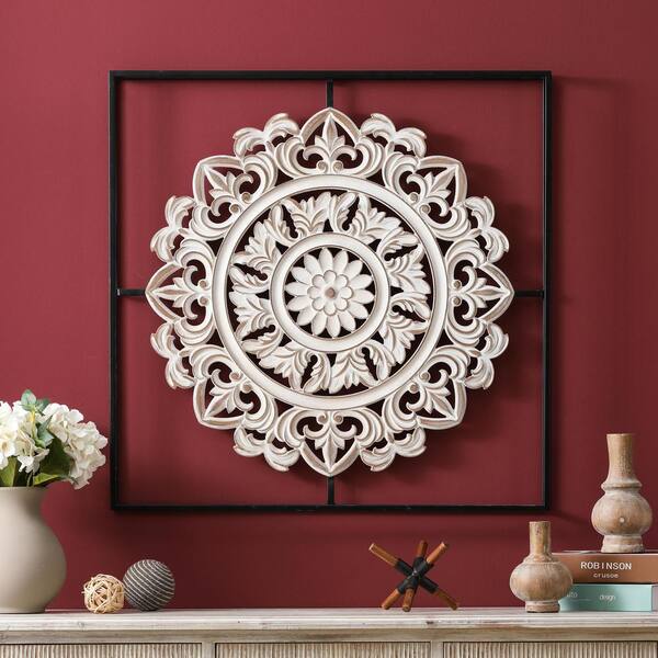 Distressed White Wood Flower Iron Square Wall Applique Decor