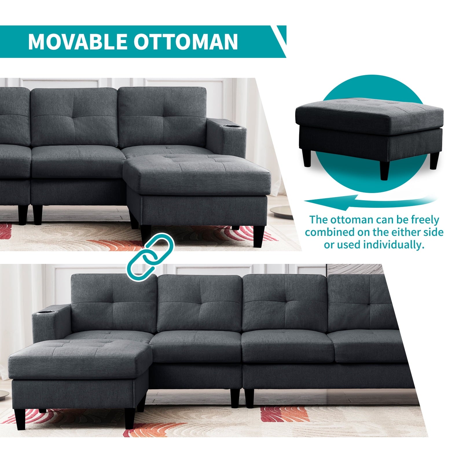 Mjkone Reversible Sectional Sofa, 4 Seat L-Shape Sofa Couches for Living Room, Convertible Sectional Couch with Reversible Chaise, Modular Sectional Couch with 2 Cup Holders for Apartment, Dark Grey