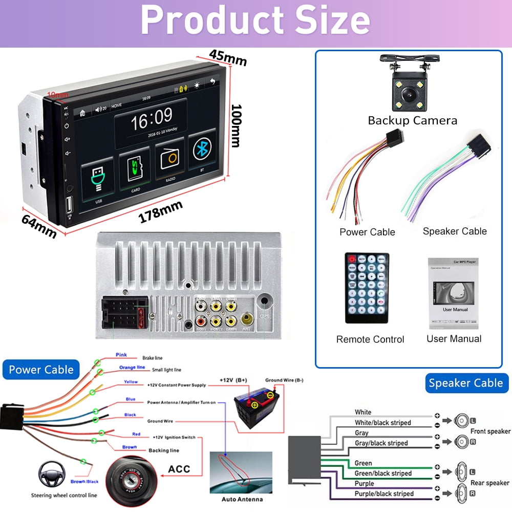Podofo Double 2 Din 7'' Touch Screen Car Stereo Radio Carplay Android Auto Car Audio Car Multimedia MP5 Player Bluetooth Mirror Link FM USB Charging, with Backup Camera