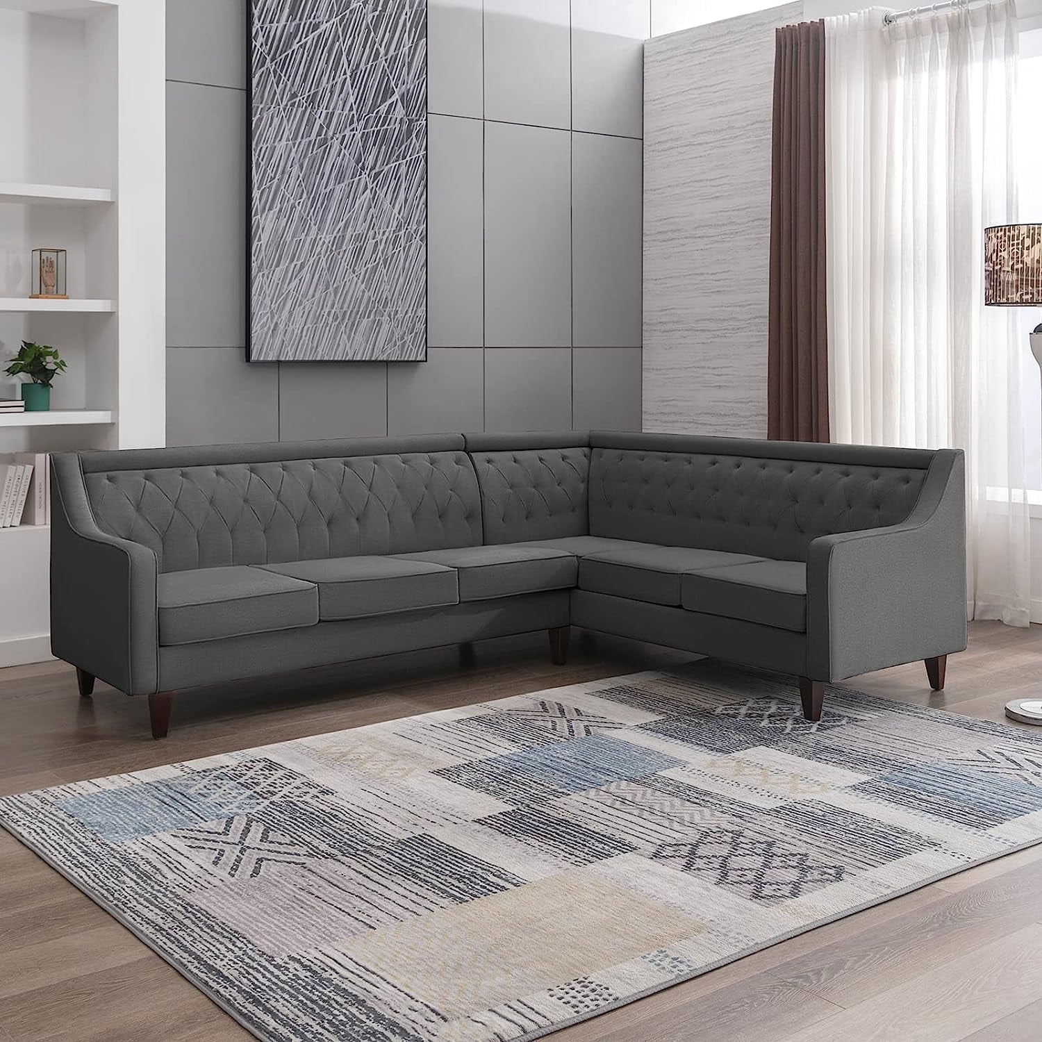 BALUS L Shaped Sofa Couch, Sectional Couches for Living Room, 6-seat Sofa Couch Has Button Tufted Backrest, U Shape Grey Sofa for Living Room/Apartment/Office (Dark Grey)