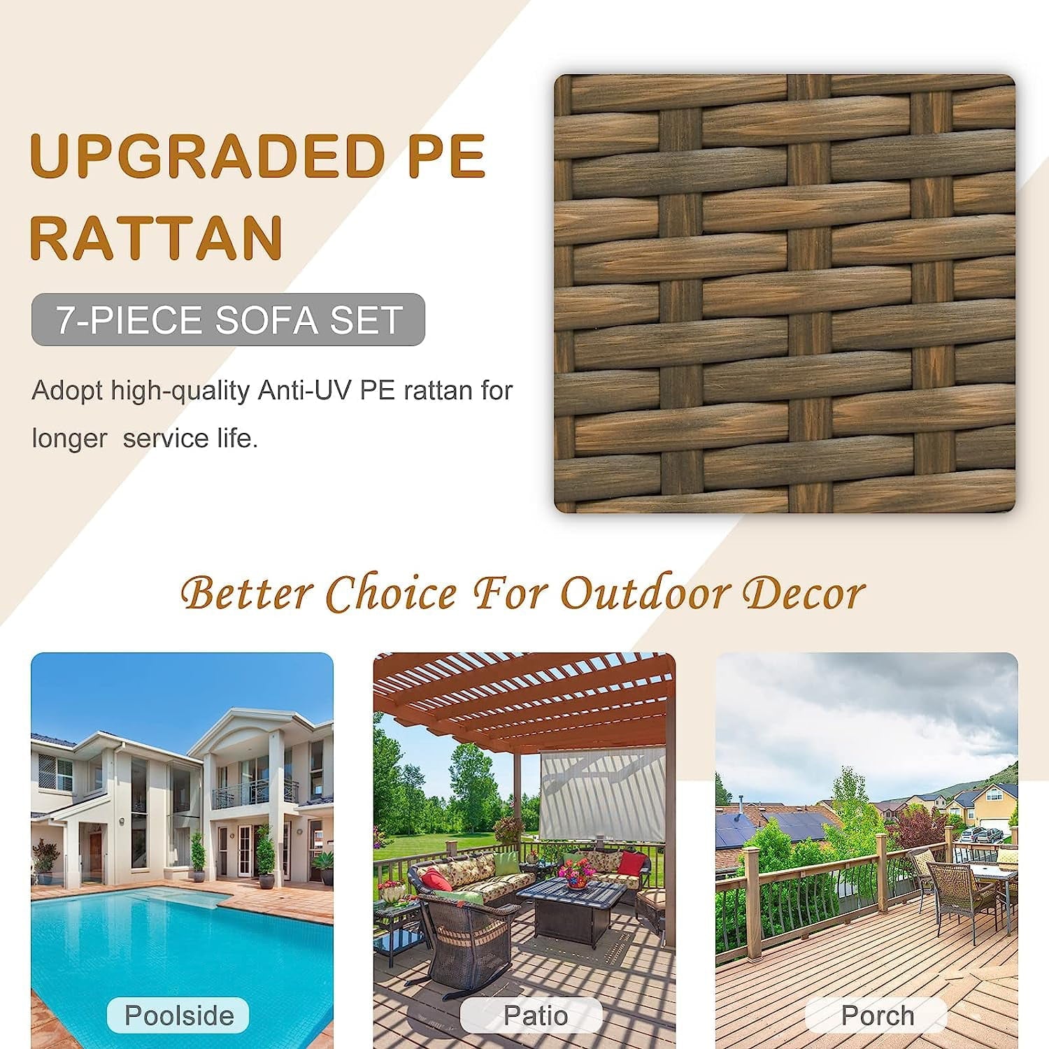 Kinbor 7pcs Outdoor Patio Furniture Set for 6 Sectional Pe Wicker Rattan Sofa Set Gray