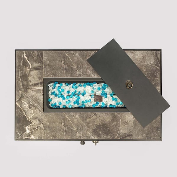 32 in. Brown Rectangle Wicker Ceramic Tile Metal Fire Pit Table