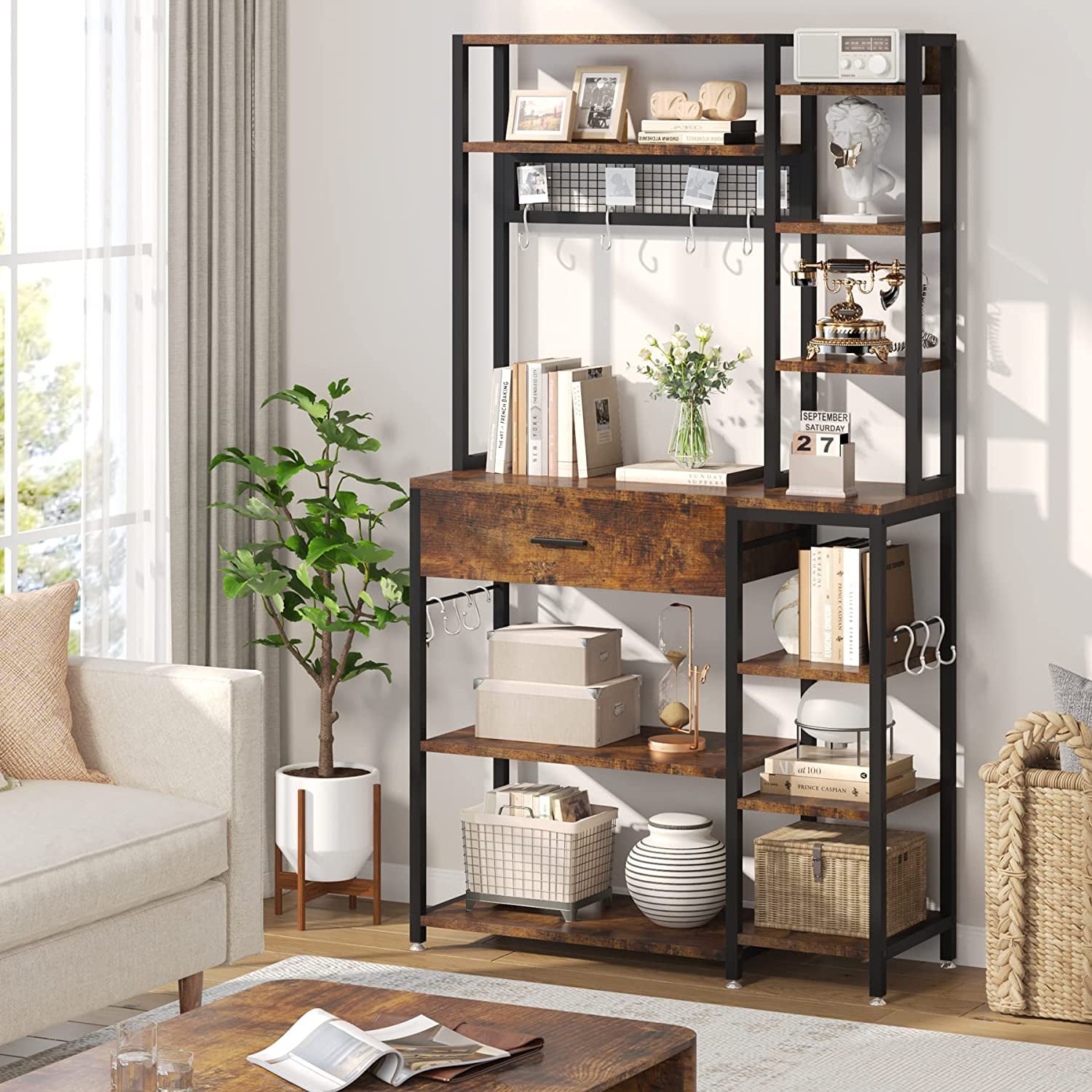 Tribesigns 70.9 inch Baker's Rack with Drawer, Wood 5-Tier+6-Tier Kitchen Shelf Rack, Brown