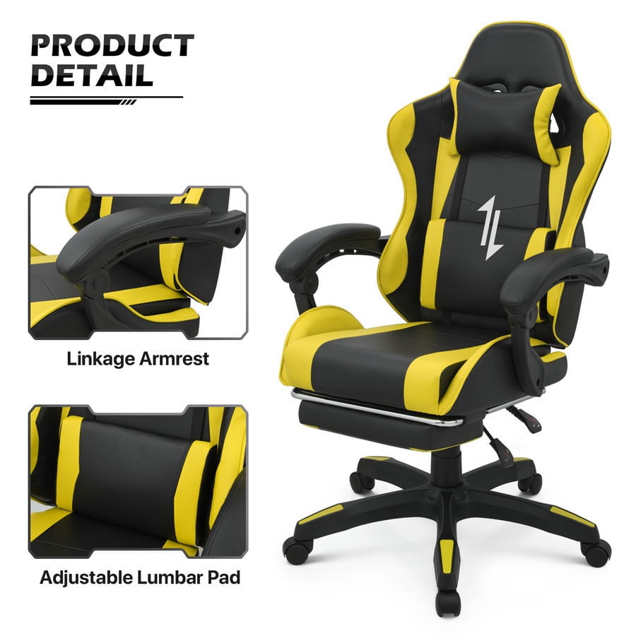 Yellow RECLINING Gaming Racing Chair Ergonomic Faux Leather Office Executive Seat w/Footrest