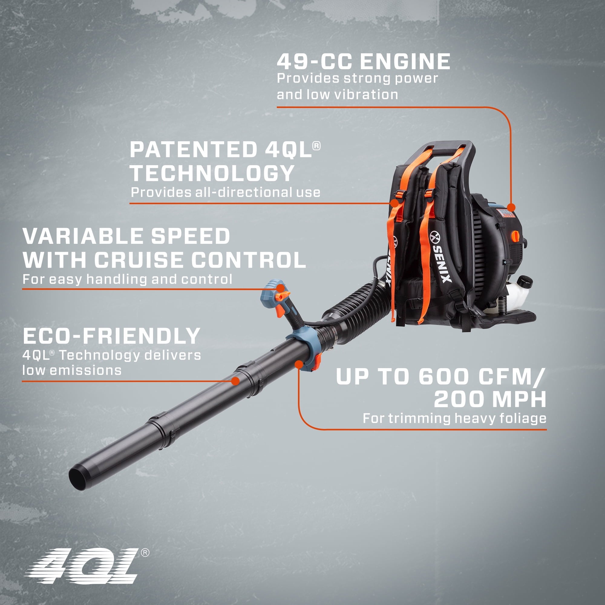 SENIX 49 Cc 4-Cycle Gas Powered Backpack Leaf Blower, up To 600 cfm and 200 mph, BLB4QL-M