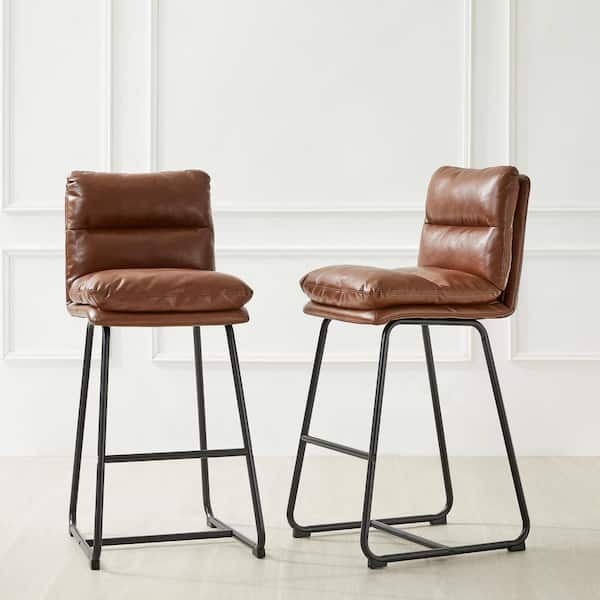 30.75 in. H Seat Modern Brown Metal Thick Leatherette Bar Stool with Metal Legs (Set of 2）