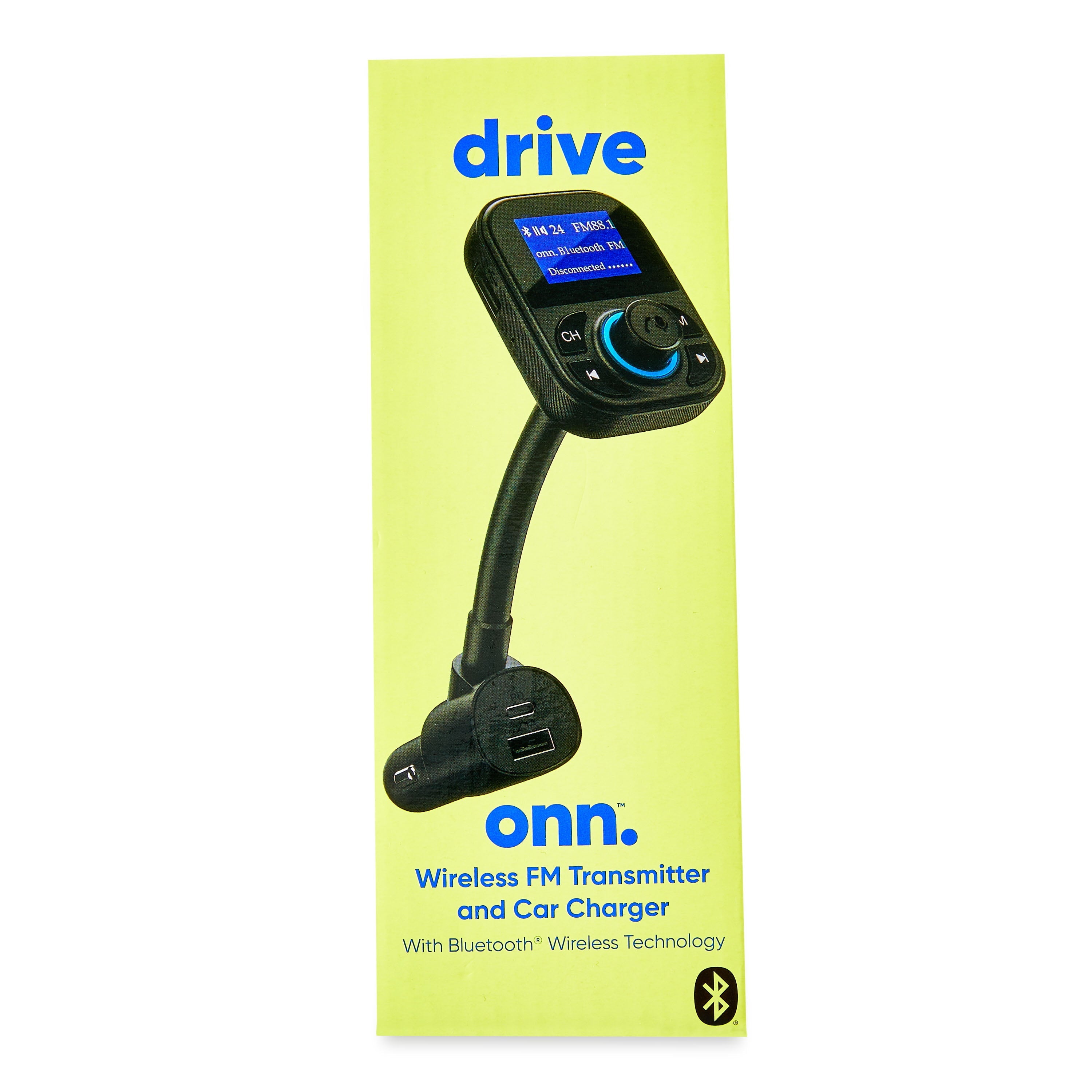 onn. Wireless FM Transmitter & Car Charger with Bluetooth Compatible via Smartphone