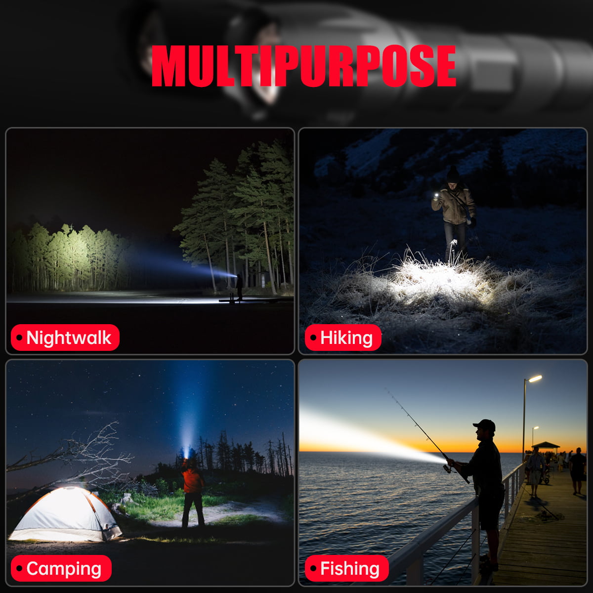 2 Packs 2000 Lumens Flashlight, Mini Flashlight Searchlight Zoomable IPX4 Waterproof LED Flashlight 5 Modes Flashlight with Batteries & Battery Charger for Hiking Hunting Camping Outdoor Sports