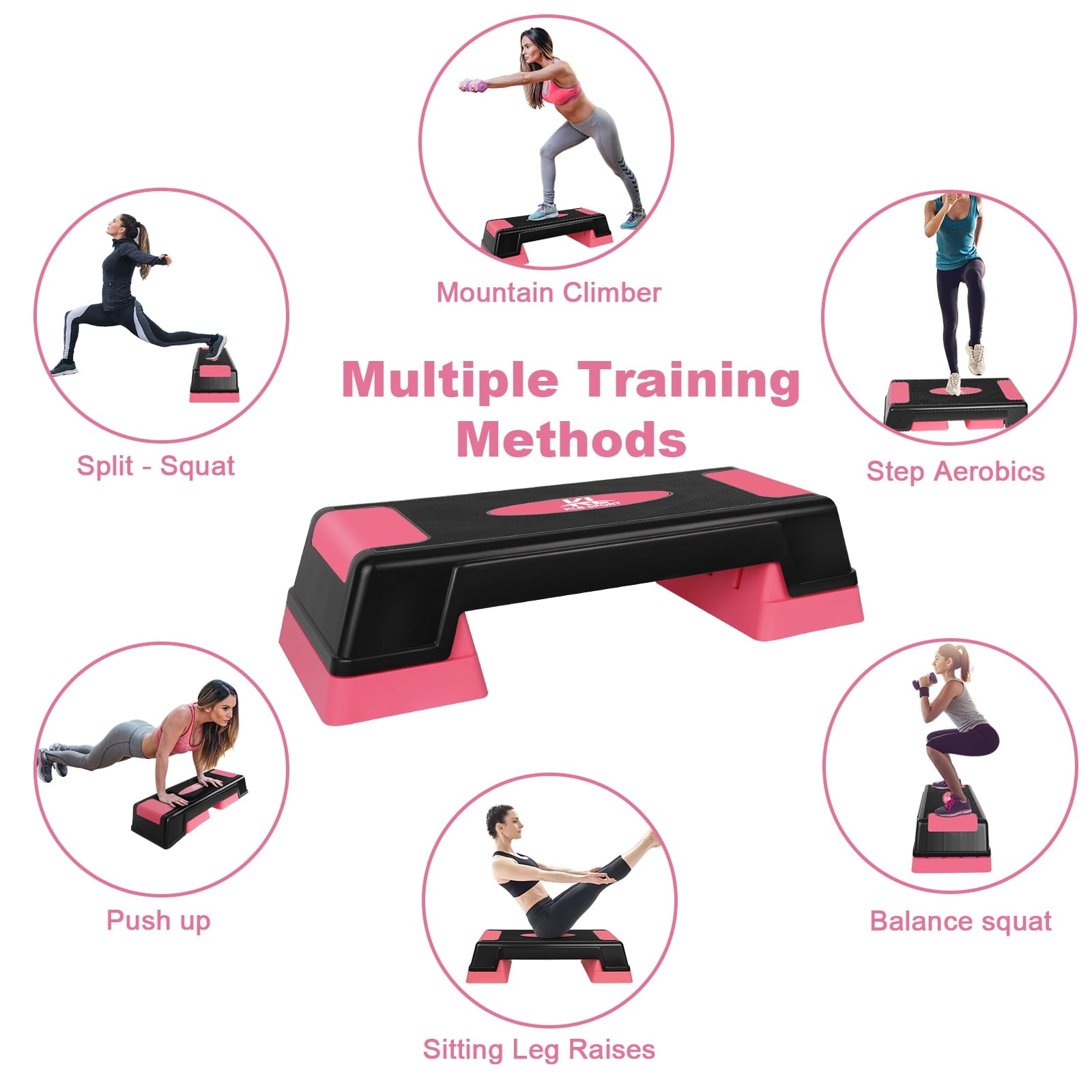 HooKung 28in Aerobic Step Platform with 2 Risers Adjustable Exercise Fitness Workout Stepper,Black and Pink