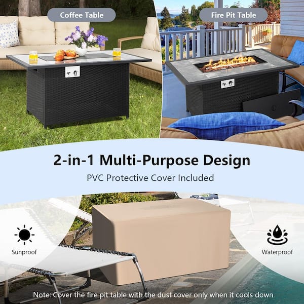 52 in. Propane Fire Pit Table Marble Tabletop Rattan Wicker w/Rain Cover Lava Rock