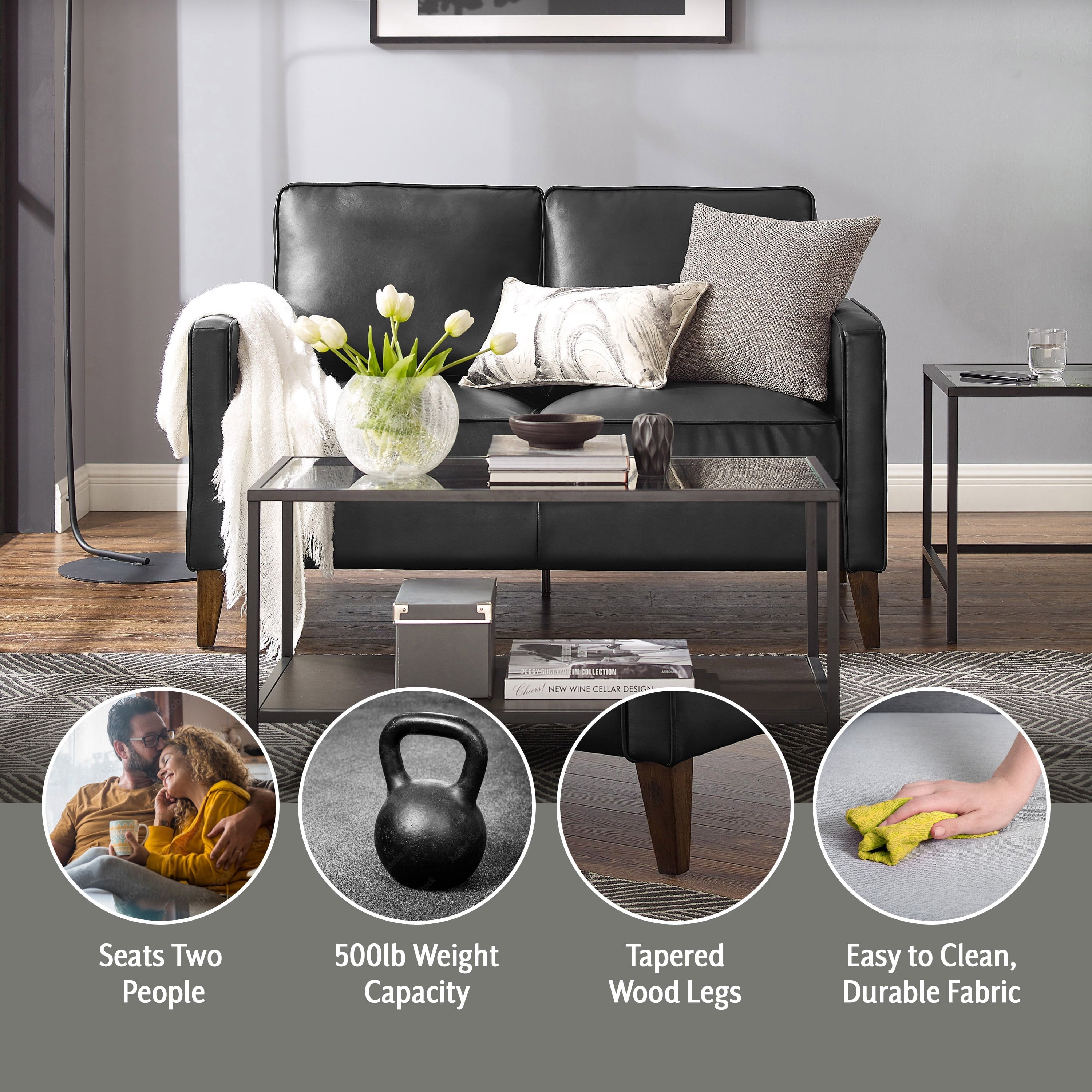 Jianna Faux Leather Loveseat, Black