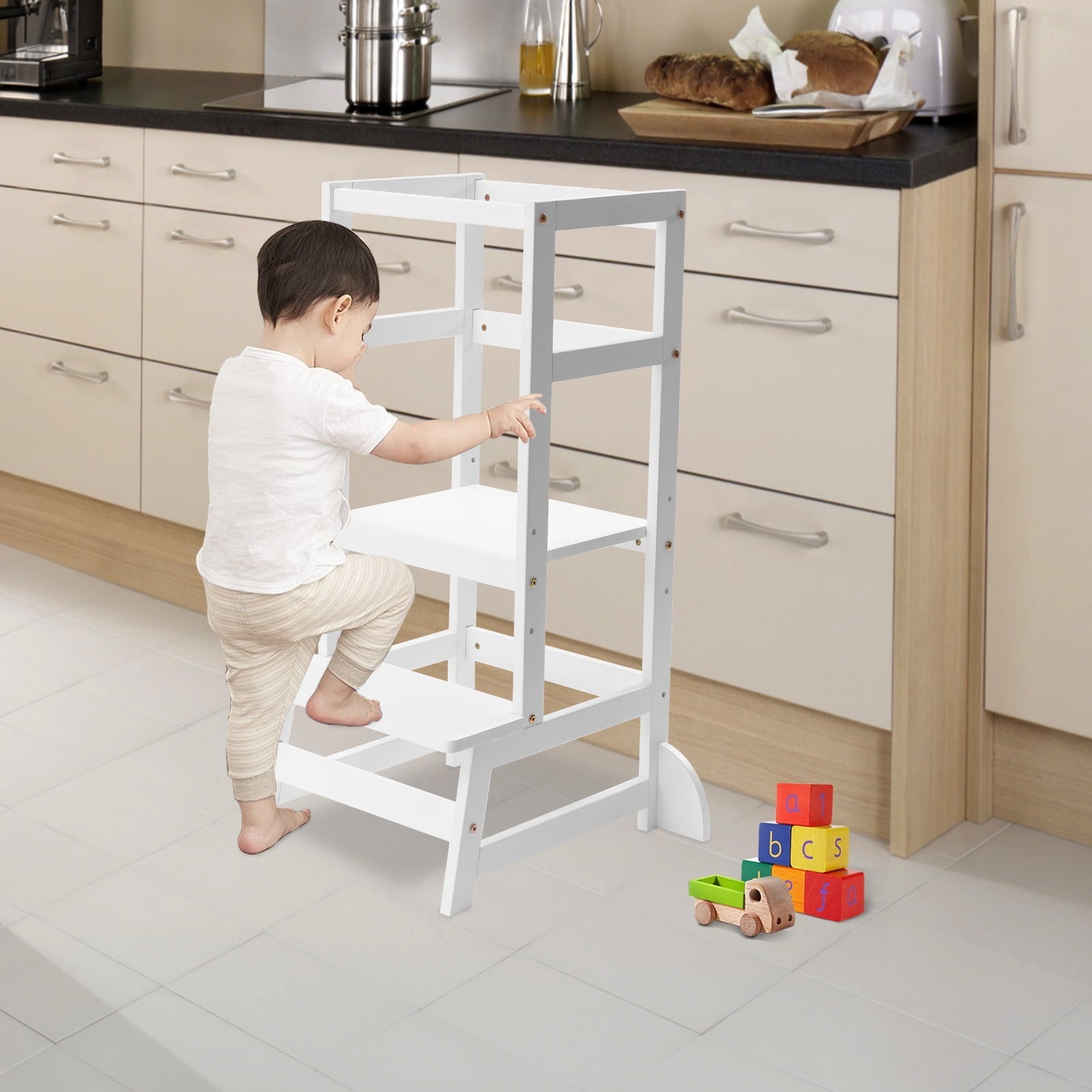 Kitchen Step Stool with Safety Rails Natural