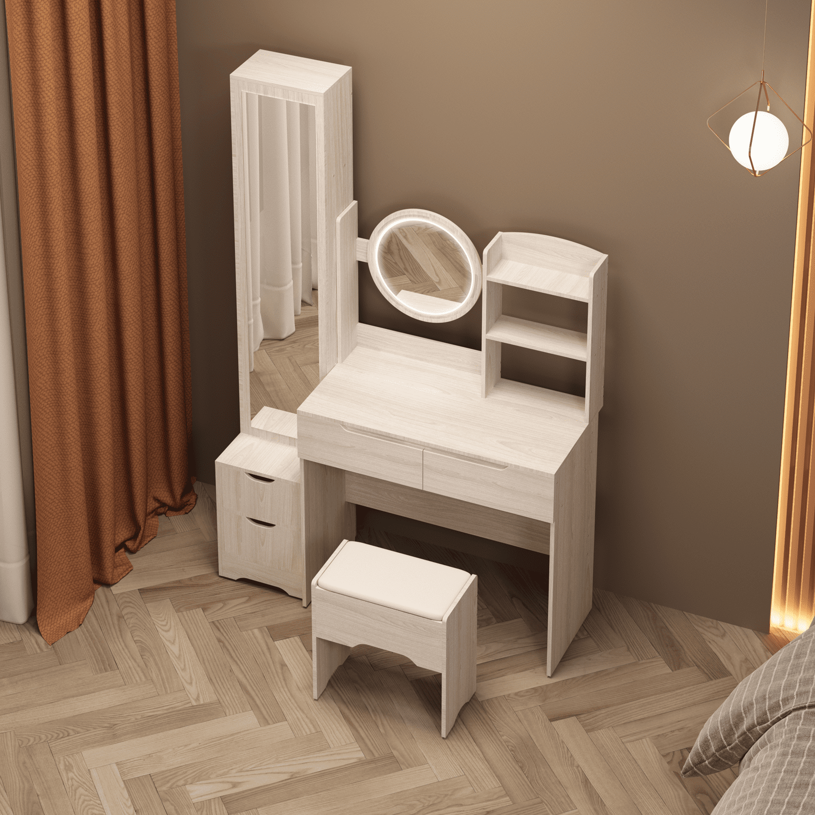 UBesGoo Lighted Vanity Table Set, Dressing Table with Full Length Mirror, Bedroom Makeup Table with Hidden Stoarge Cabinet, White Oak Color