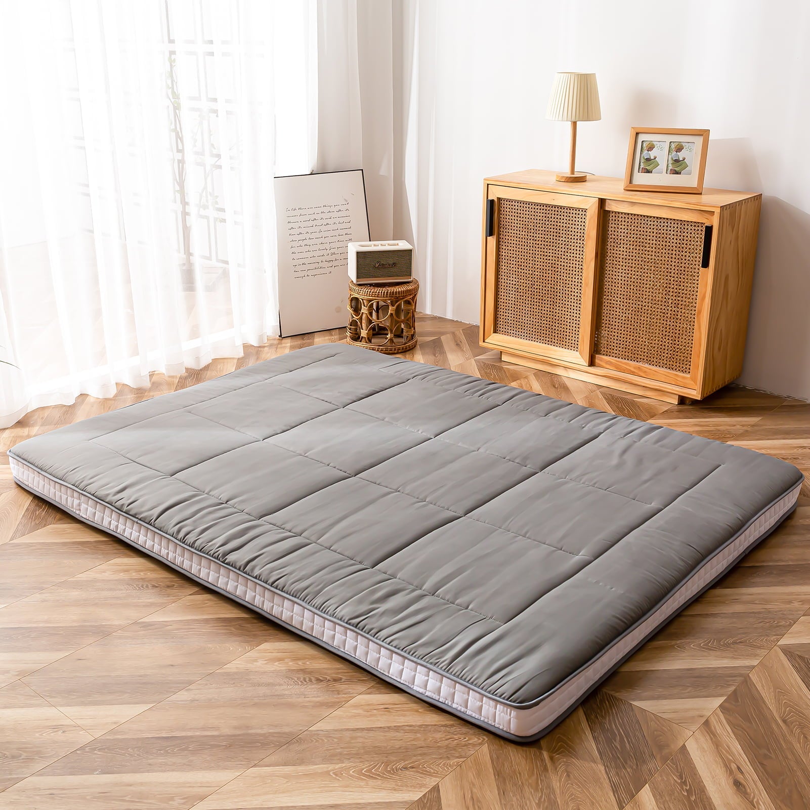 Mattress, Padded Japanese Floor Mattress Quilted Bed Mattress Topper, Extra Thick Folding Sleeping Pad, Dark Grey, Queen