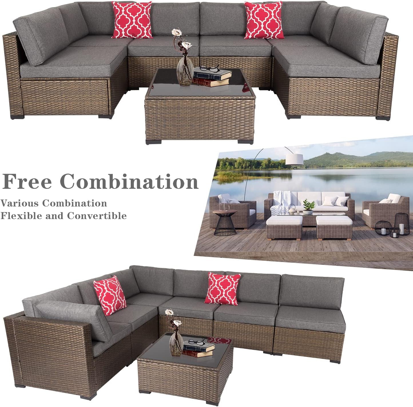 Kinbor 7Pcs Outdoor Furniture Set Wicker Sectional Sofa, Patio Conversation Sofa with Gray Cushion
