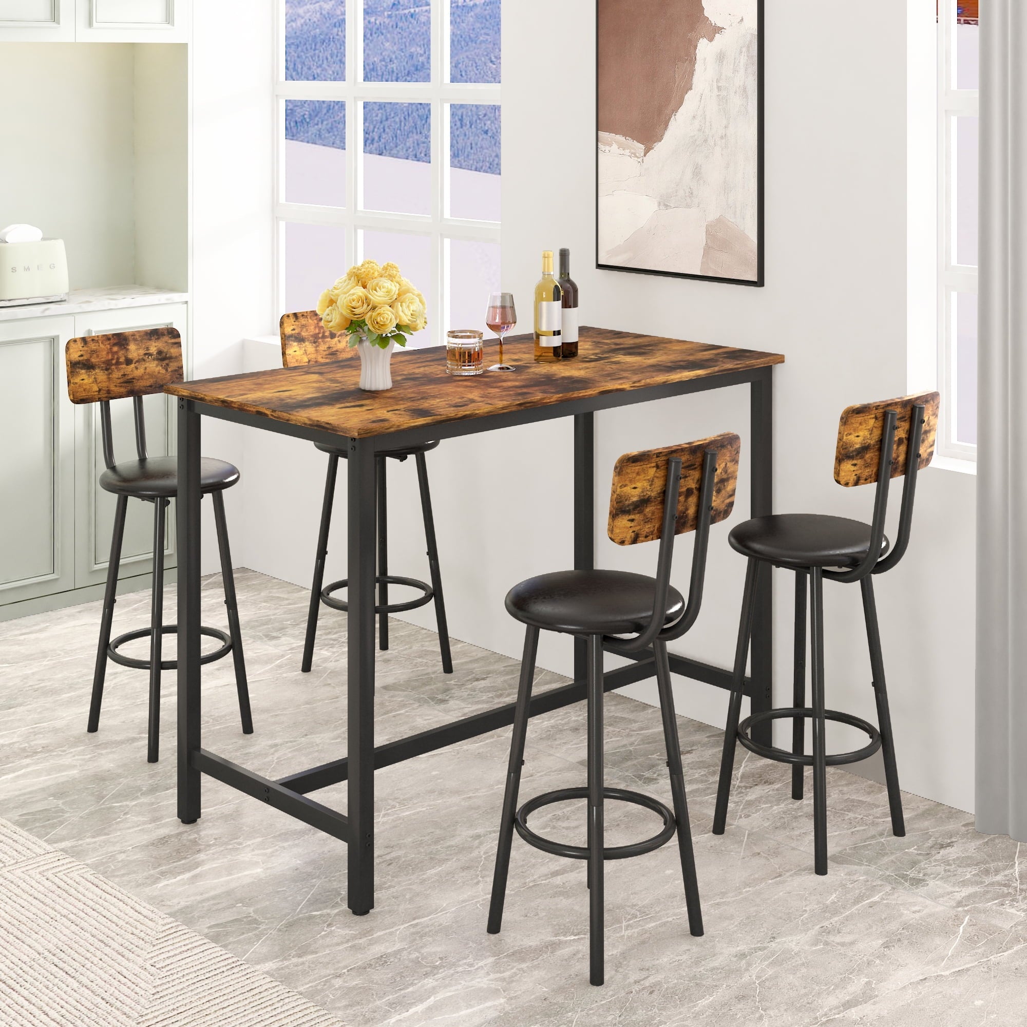SYNGAR 5 Piece Bar Table Set, Modern Counter Height Dining Set, Home Dining Table and Chairs Set for 4, Kitchen Breakfast Table Set with 4 Cushioned Stools, Bistro Pub Table Set, Rustic Brown