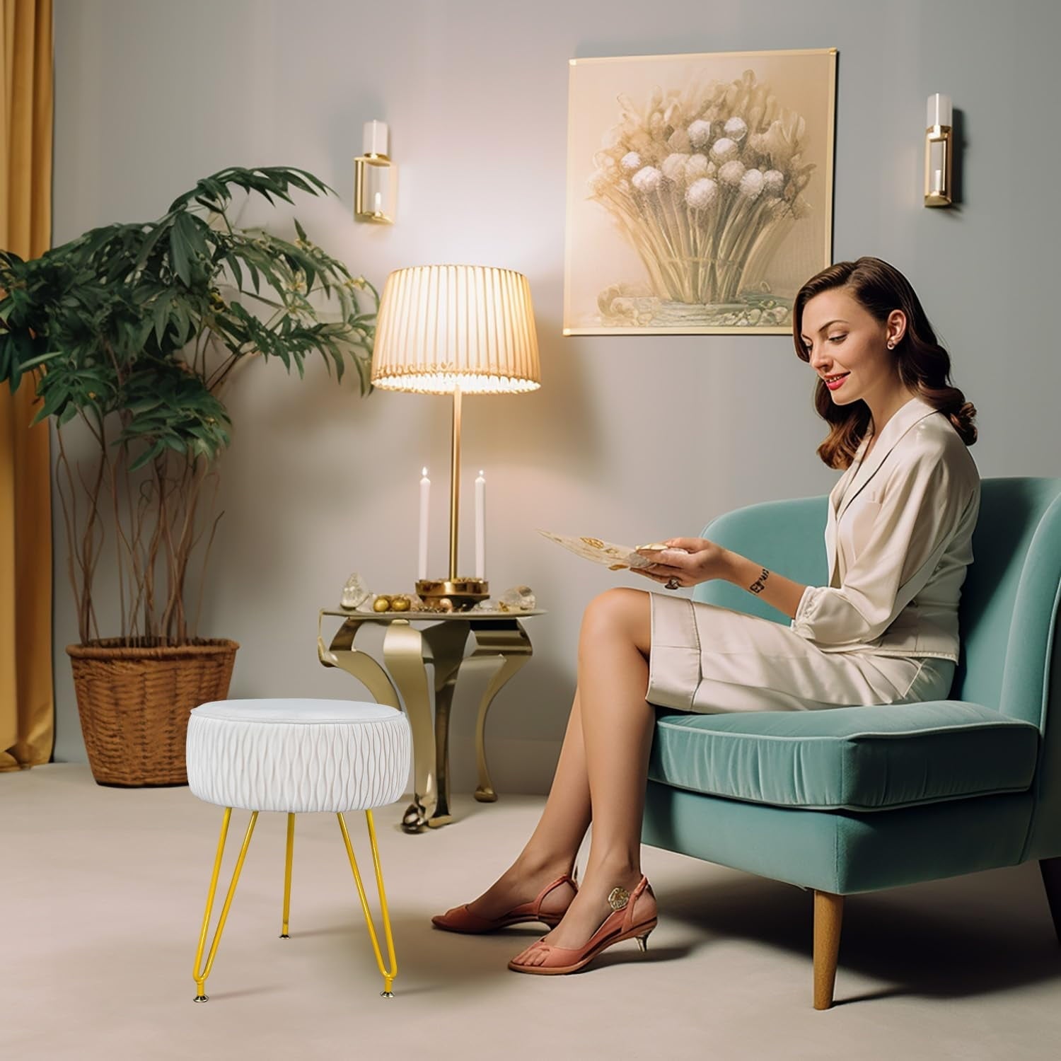 PROHIKER Velvet Round Footrest Stool Ottoman, Makeup Vanity Stool Side Table Couch Stool w/Golden Metal Legs, 13