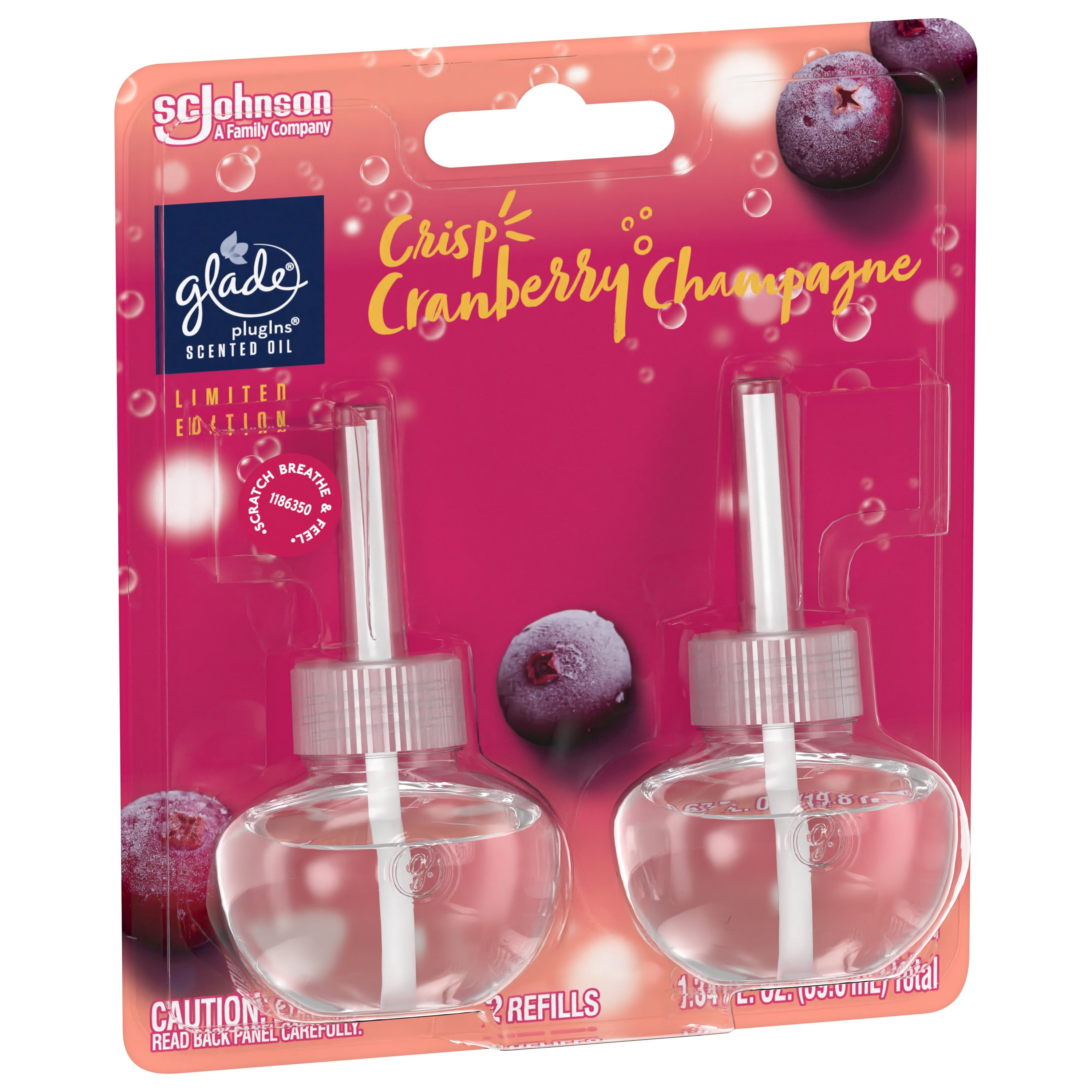 Glade PlugIns Scented Oil, 2 Refills, Crisp Cranberry Champagne, 0.67oz each, 1.34 oz Total