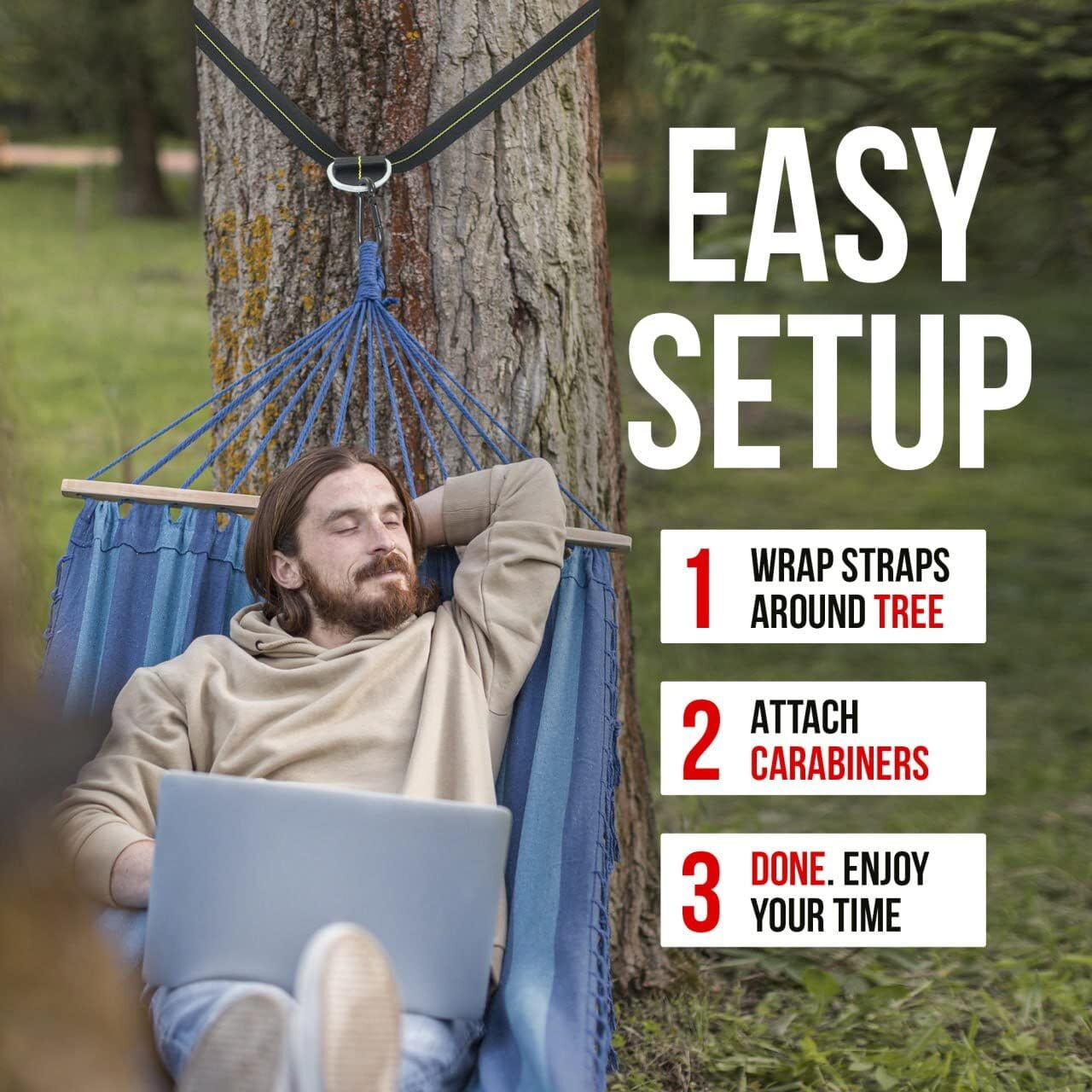 Hammock Straps - Tree Straps With Carabiner - 2 Inch X 8 Foot - Heavy Duty 4,000 lb Webbing - Hammock Tree Straps - Made in USA