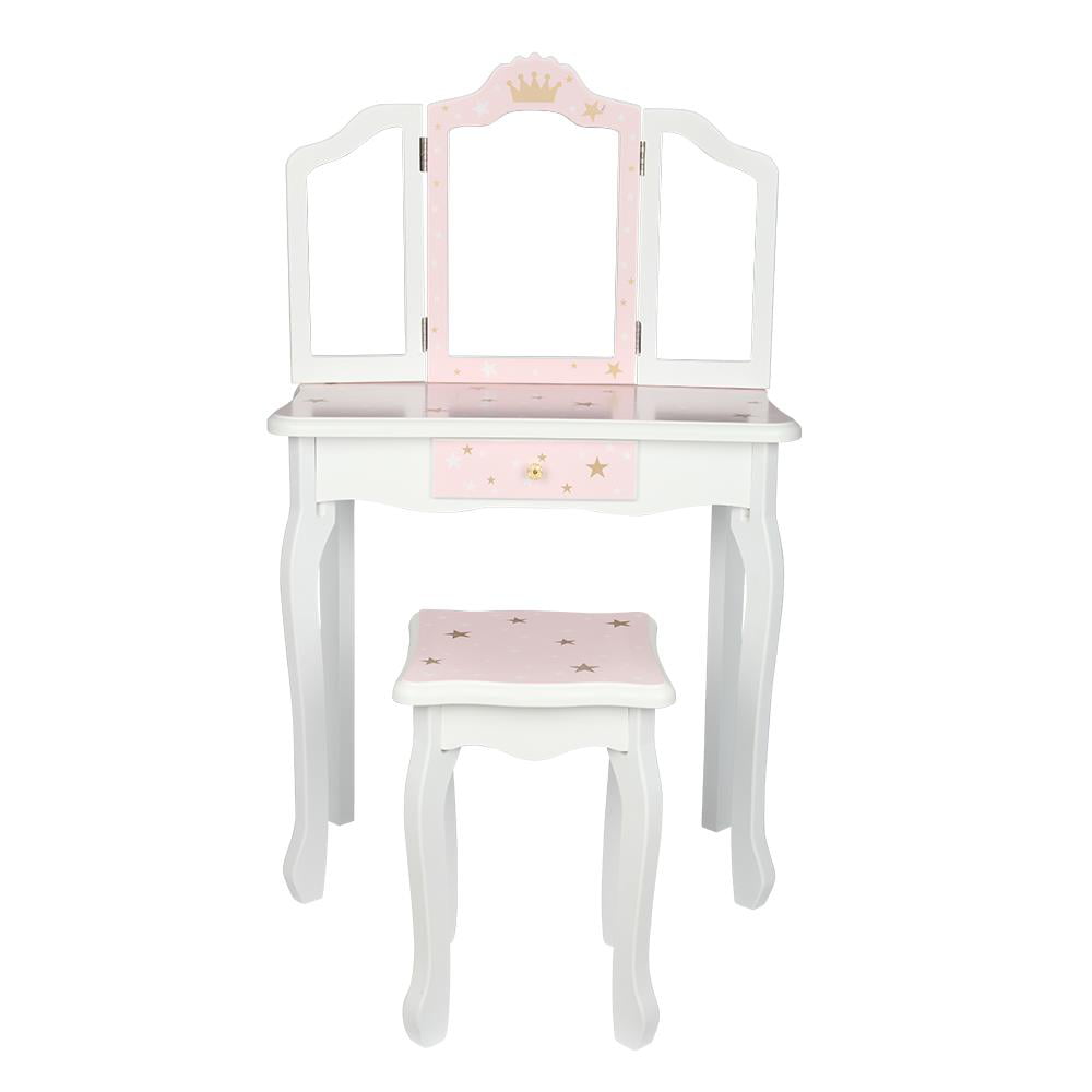 BaytoCare Kids Vanity Table Wooden Dressing Table with Stool and Drawer
