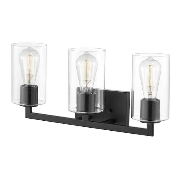 20.75 in. 3-Light Matte Black Vanity Light with Clear Glass Shade