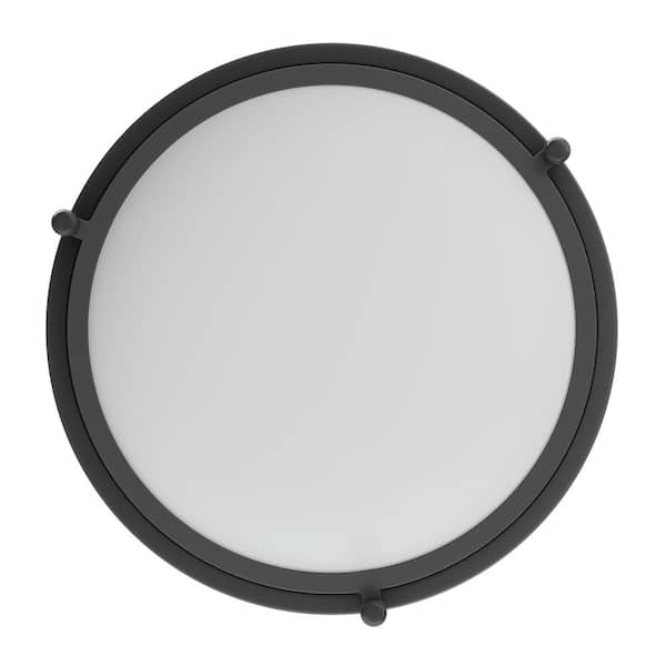 13 in. 2-Light Industrial Black Flush Mount Farmhouse Close to Ceiling Light Fixture with White Glass Shade